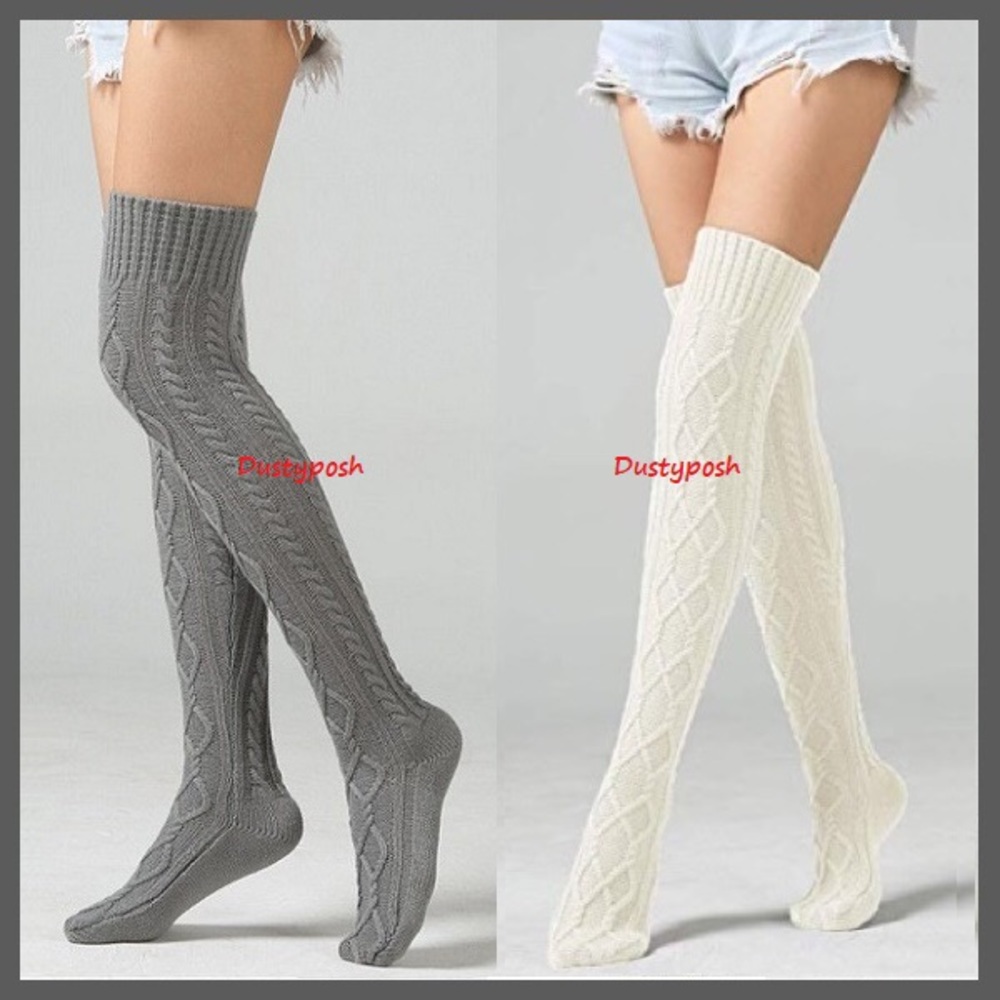 Cable Knit Over The Knee Boot Socks Thigh High OTK White Grey School Girl Soft